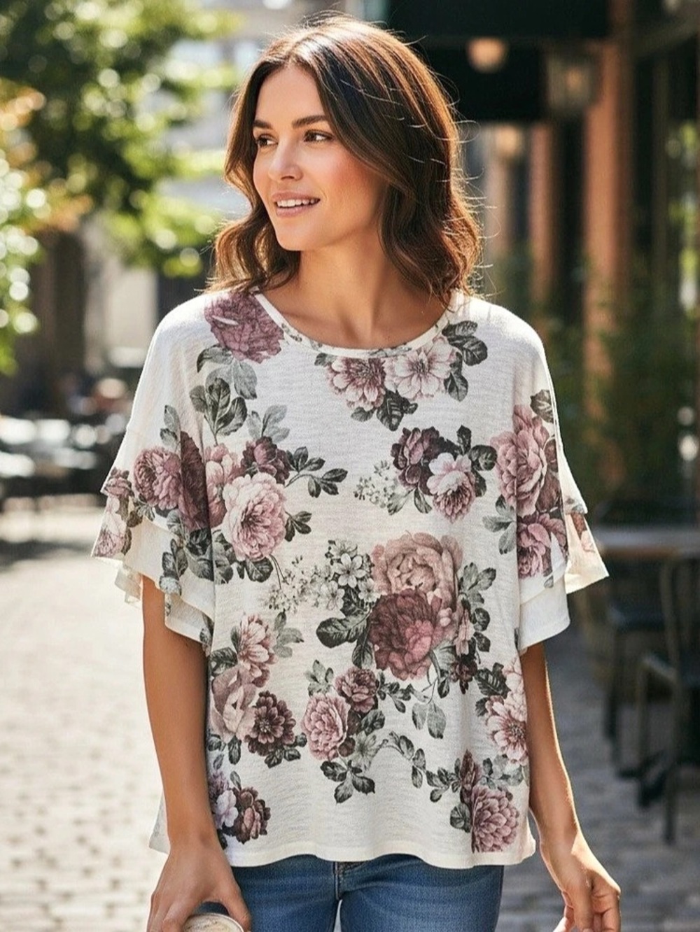 Charming Charlie Floral Ruffle Sleeve Blouse